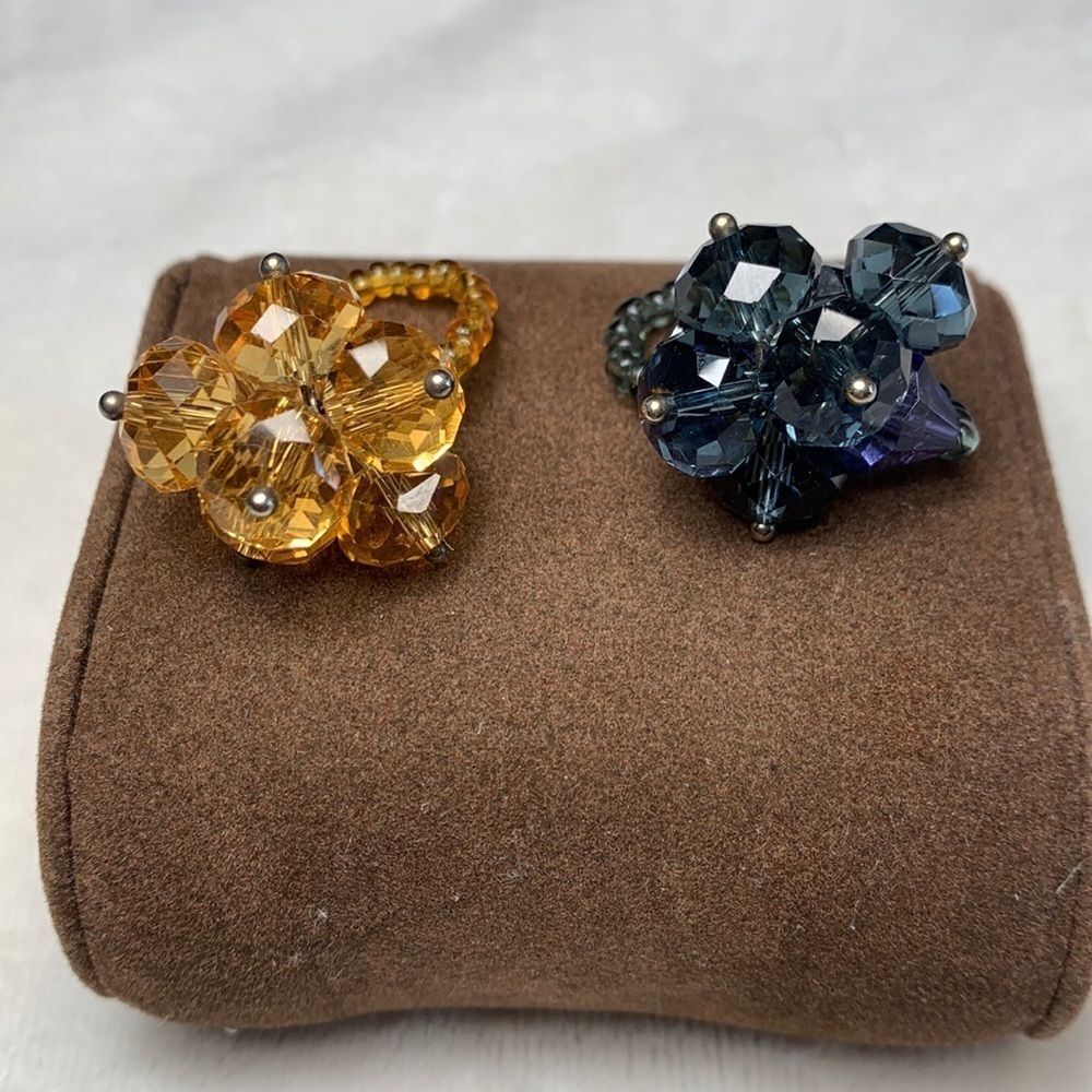 Set of Two Handmade Crystal Beaded Rings One in Amber One in Gray / Blue / Black